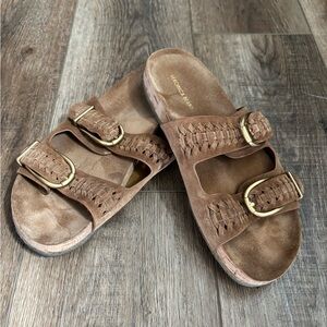 Veronica Beard Tan Suede Woven Double Buckle Slide Sandals